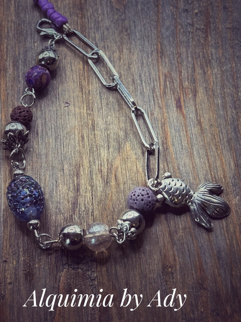 Silver-Tone anklet Bracelet with Purple stones Beads and Fish Charm